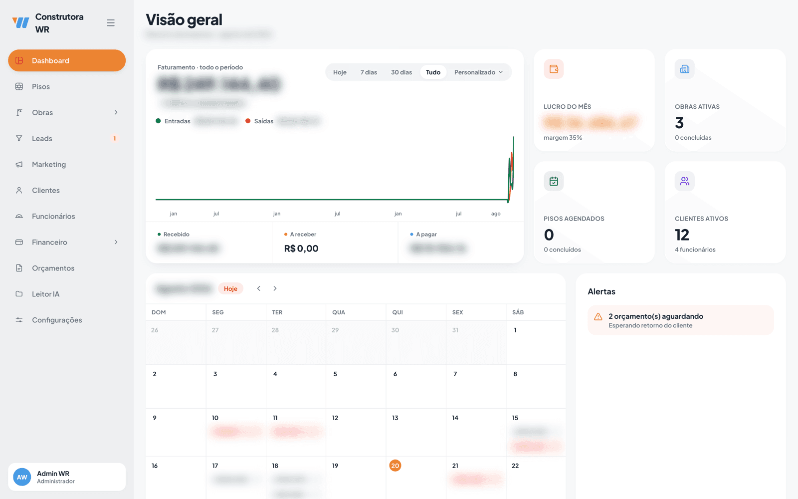 Dashboard do ERP da Construtora WR Felix com visão geral financeira e calendário de obras